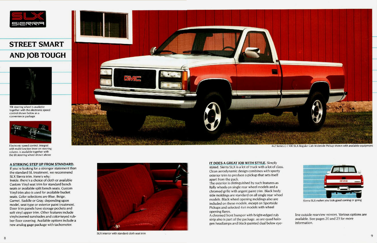1991 GMC Sierra 2500 brochure page showing a white car with red side striping