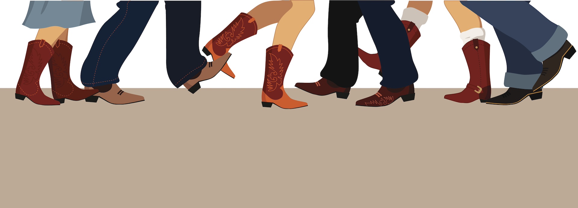 Horizontal banner with male and female legs in cowboy boots dancing country western, vector illustration, no transparencies, copy space at the bottom