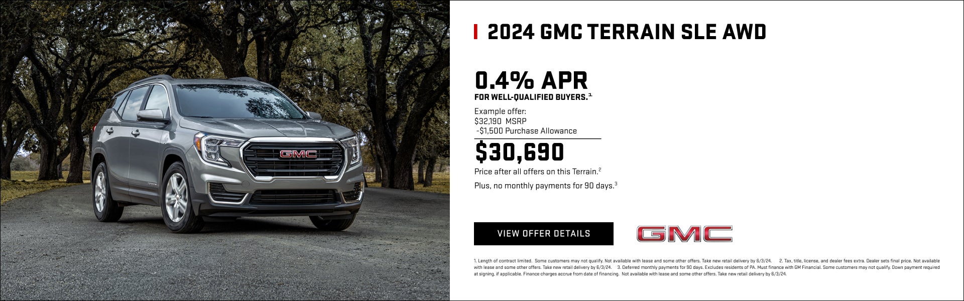 0.4% APR for well-qualified buyers.1

Example offer:
$32,190 MSRP
$1,500 Purchase Allowance
$30,6...
